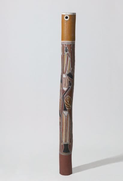 Traditional First Nation burial pole with python, tortoise, diver duck, eel tailed catfish and waterlily bulb imagery