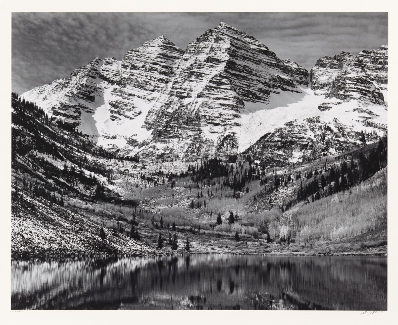 Black and white photograph of a snow capped mountains