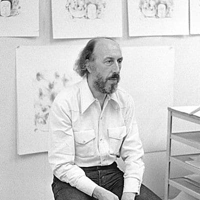 Black and white photograph of Richard Hamilton in his studio