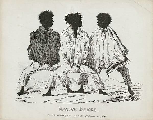 Black and white print. Three men, dancing.