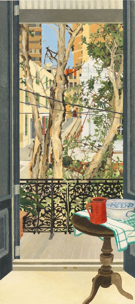 A print work of a balcony view in Sydney with trees and a city street in the background. There is a small table with a red jug and white and blue bowl in the foreground.