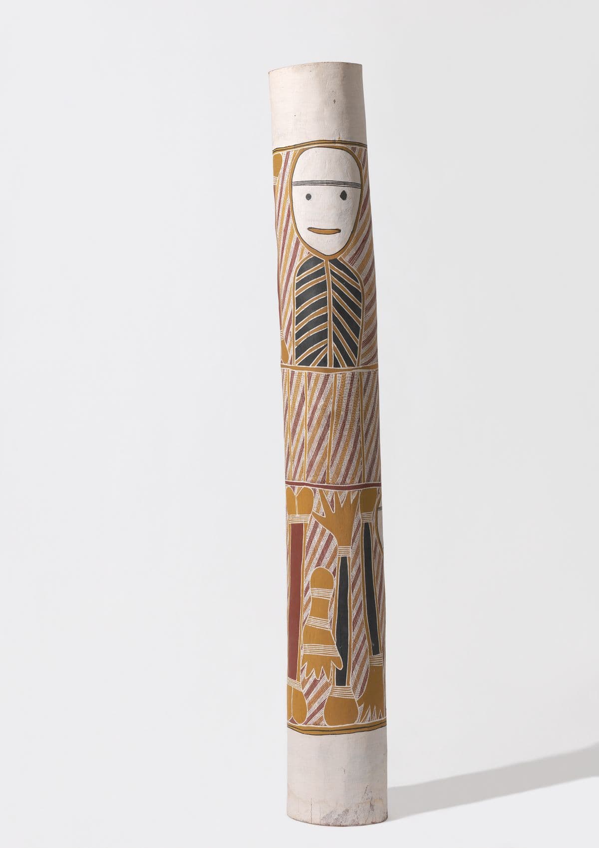 White, ochre and yellow and black pole with human figure