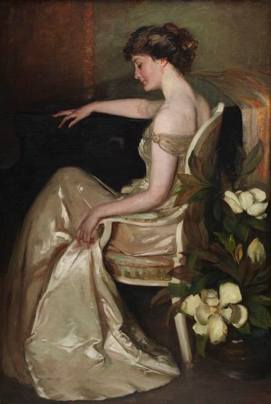 painted portrait of a woman sitting in a chair wearing an ivory gown