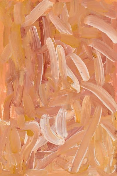 An abstract painting in hues of pink and peach.