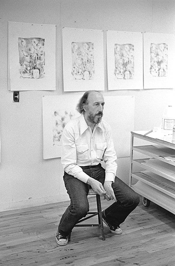 Black and white photograph of Richard Hamilton in his studio