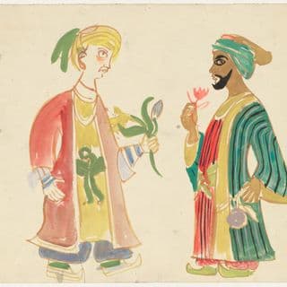 A drawing of two male figures in ornate dress holding flowers facing each other