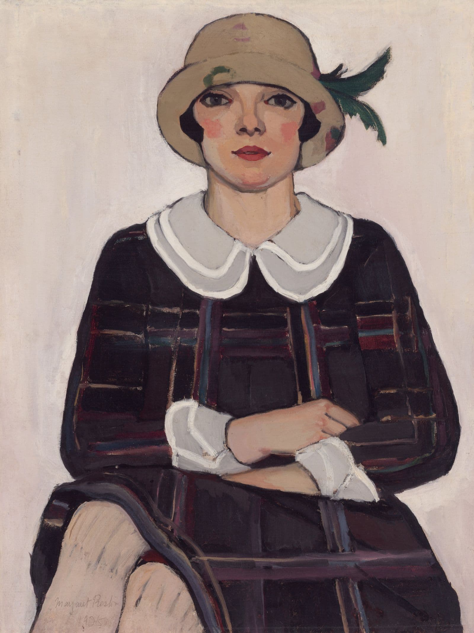 Portrait of a woman in a purple plaid dress and cream hat with green feathers