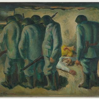 A painting of soldiers standing around body.