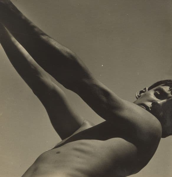 A photo of a shirtless man in black and white