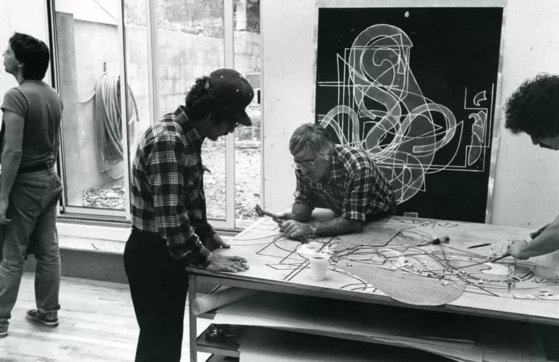 Kenneth Tyler and Bob Cross carve a woodblock in preparation for magnesium plate to be inserted for Frank Stella’s ‘Pergusa three’, from the ‘Circuits’ series