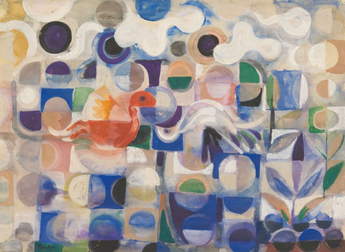 Photograph of colourful work of art, abstract with lines