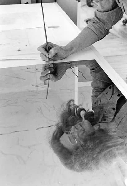 Nancy Graves working on a copper plate for one of her intaglio print