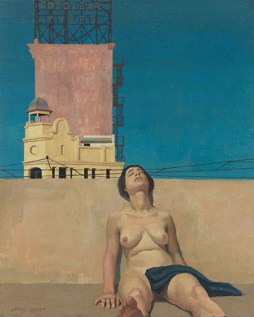 A nude woman lies back against a wall with her eyes closed and a building to her right.