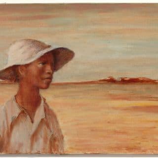 A painting of a boy wearing a light-coloured hat and shirt in front of a open, vast country landscape