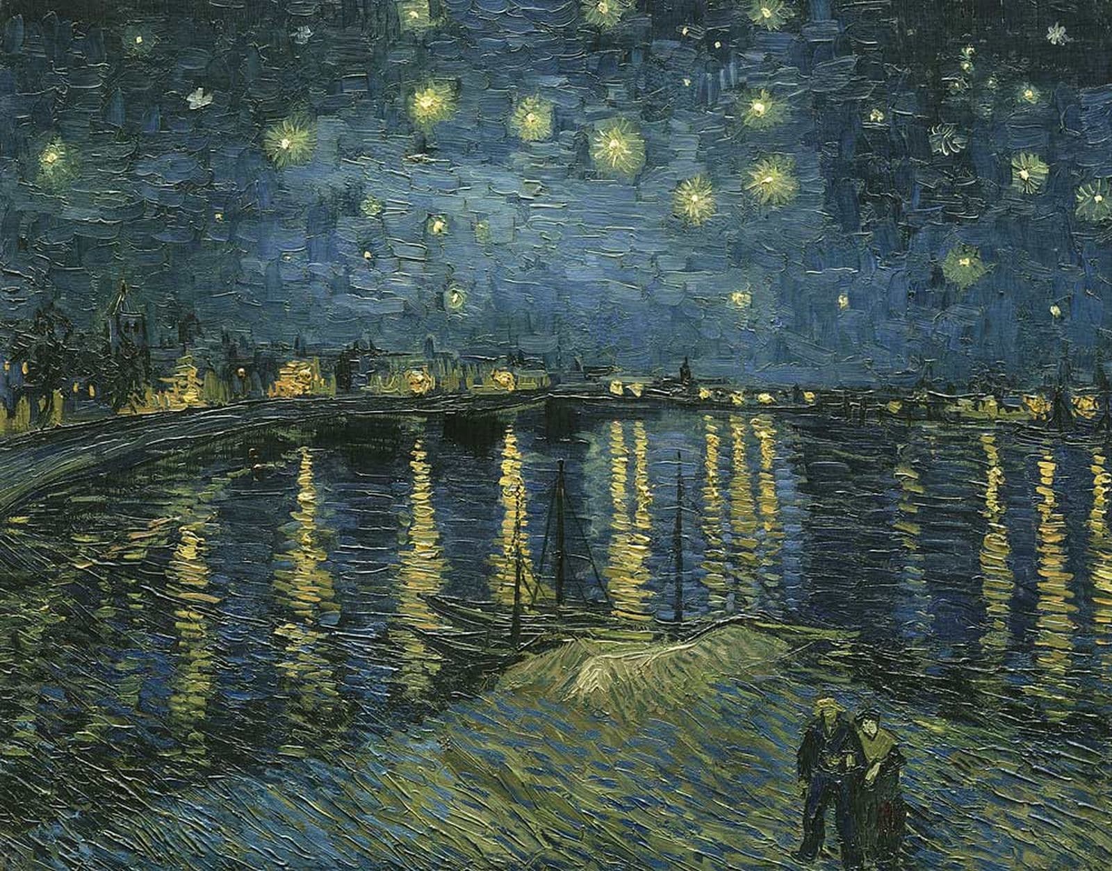 An impressionistic painting of a night sky over water, with bright yellow stars