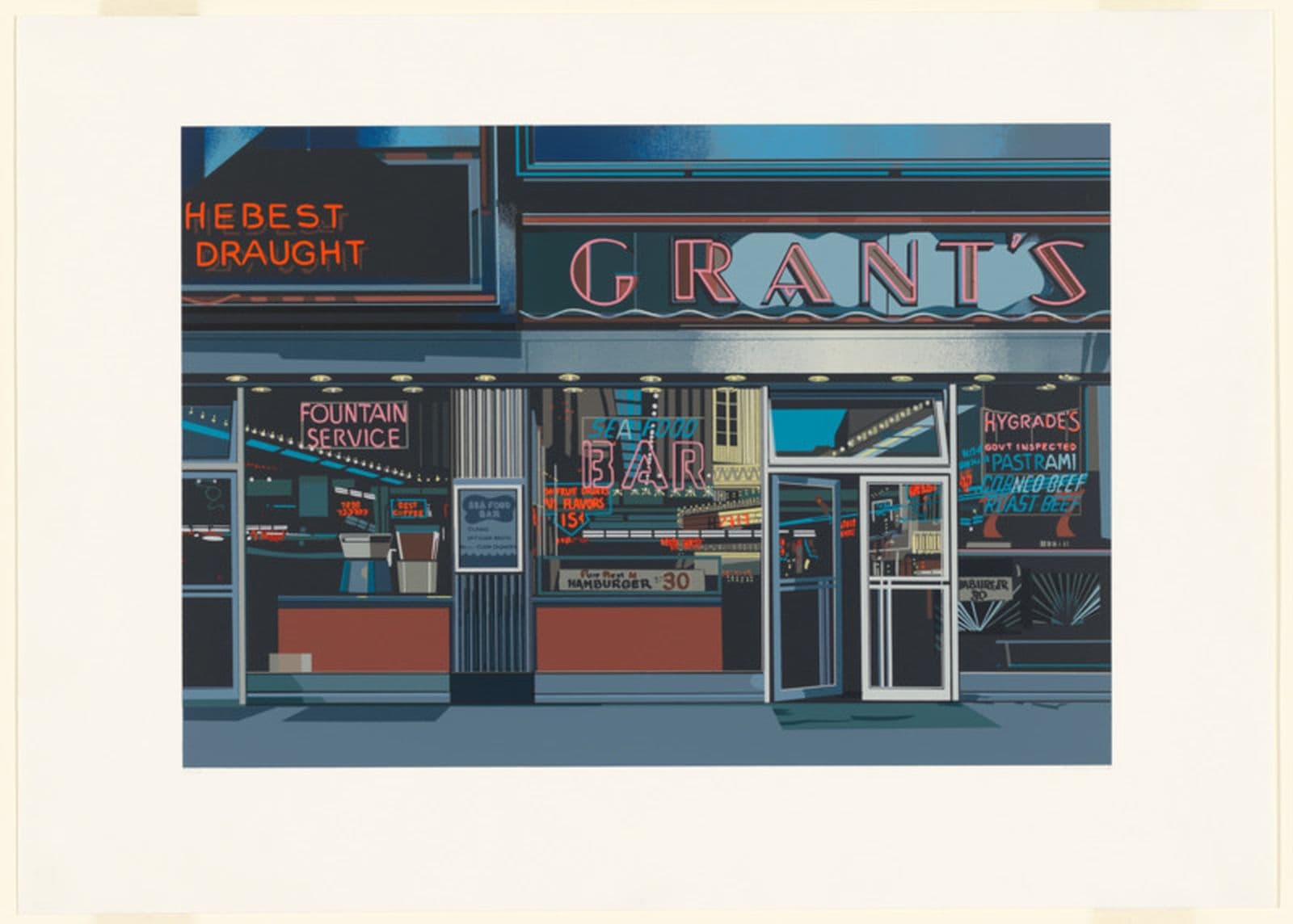Print of the front of a diner with multiple multicoloured neon signs