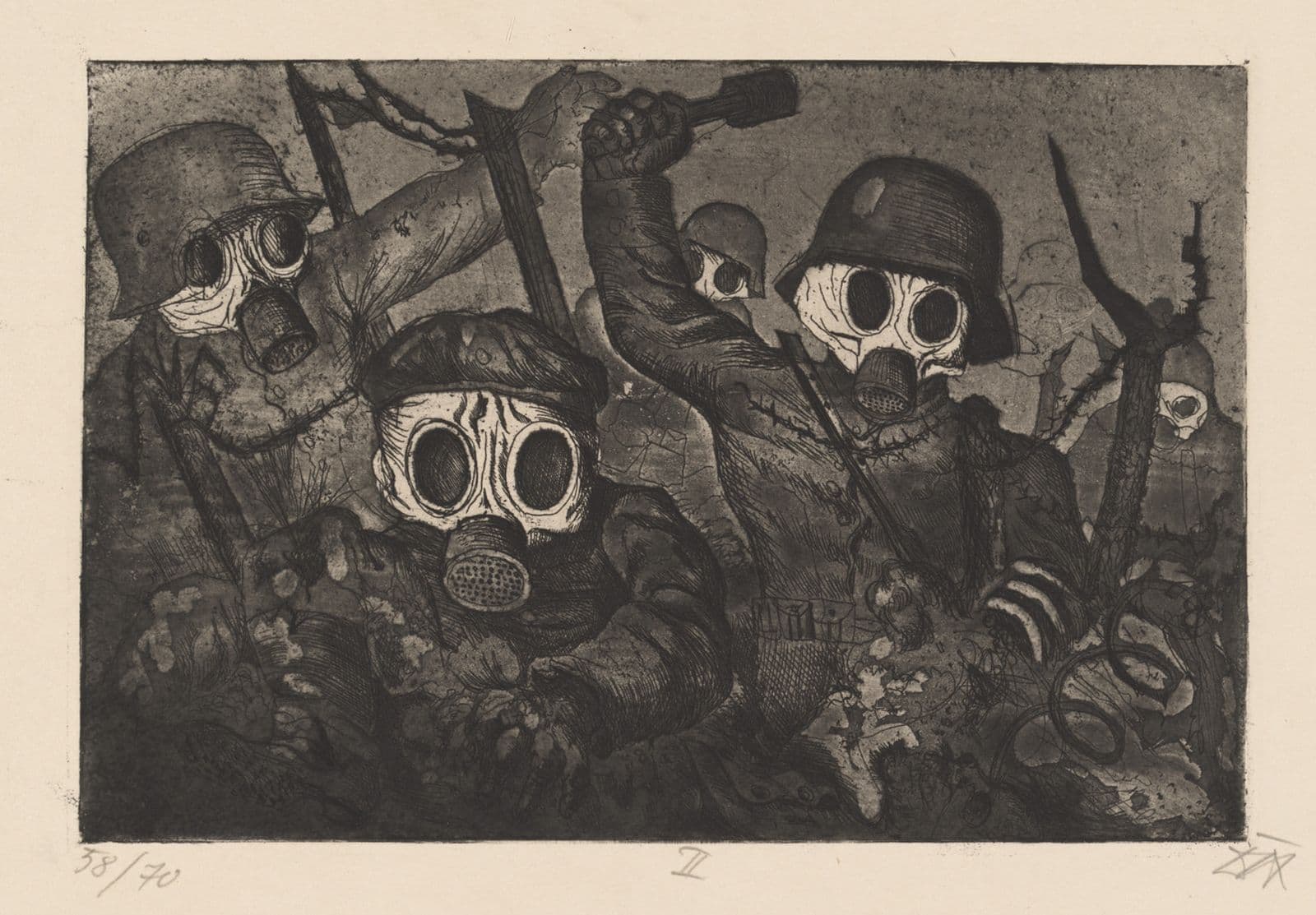 Black and white etching of five soldiers wearing gas masks in the midst of trench warfare