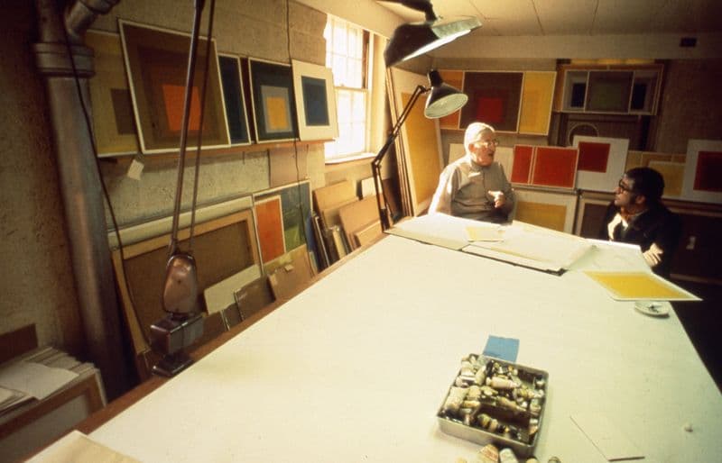 Josef Albers and Kenneth Tyler in Alber's Connecticut home, 1969.