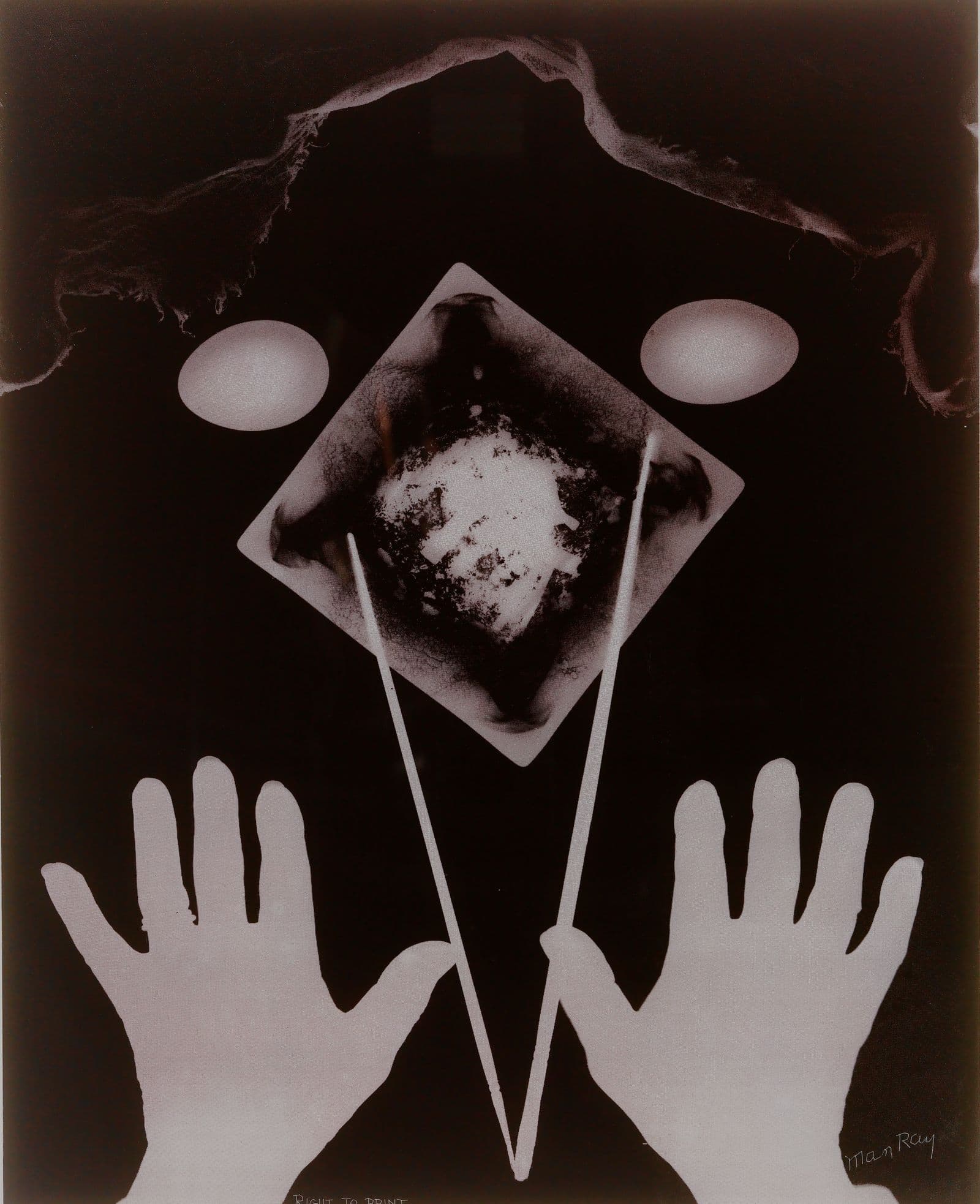 A photogram translated into a screenprint depicting two ghostly hands, alongside other ambiguous outlines, such as eggs, an ashtray and lace material.