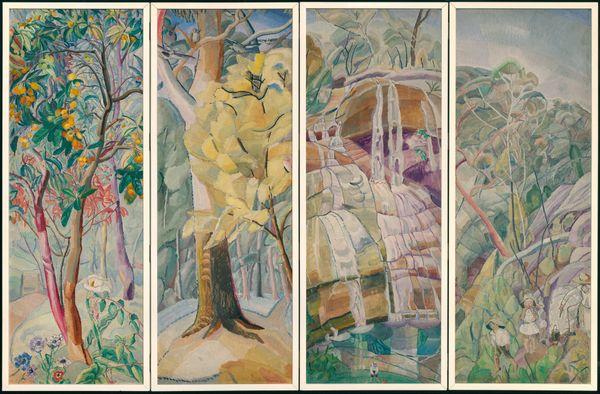 Four panels of screens painted with oils, featuring various trees and flora