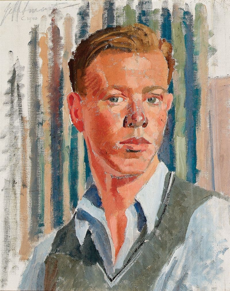 Portrait style painting of a young boy from the 1940s facing slightly to the right looking ahead wearing a light blue shirt and green vest in front of a textured background