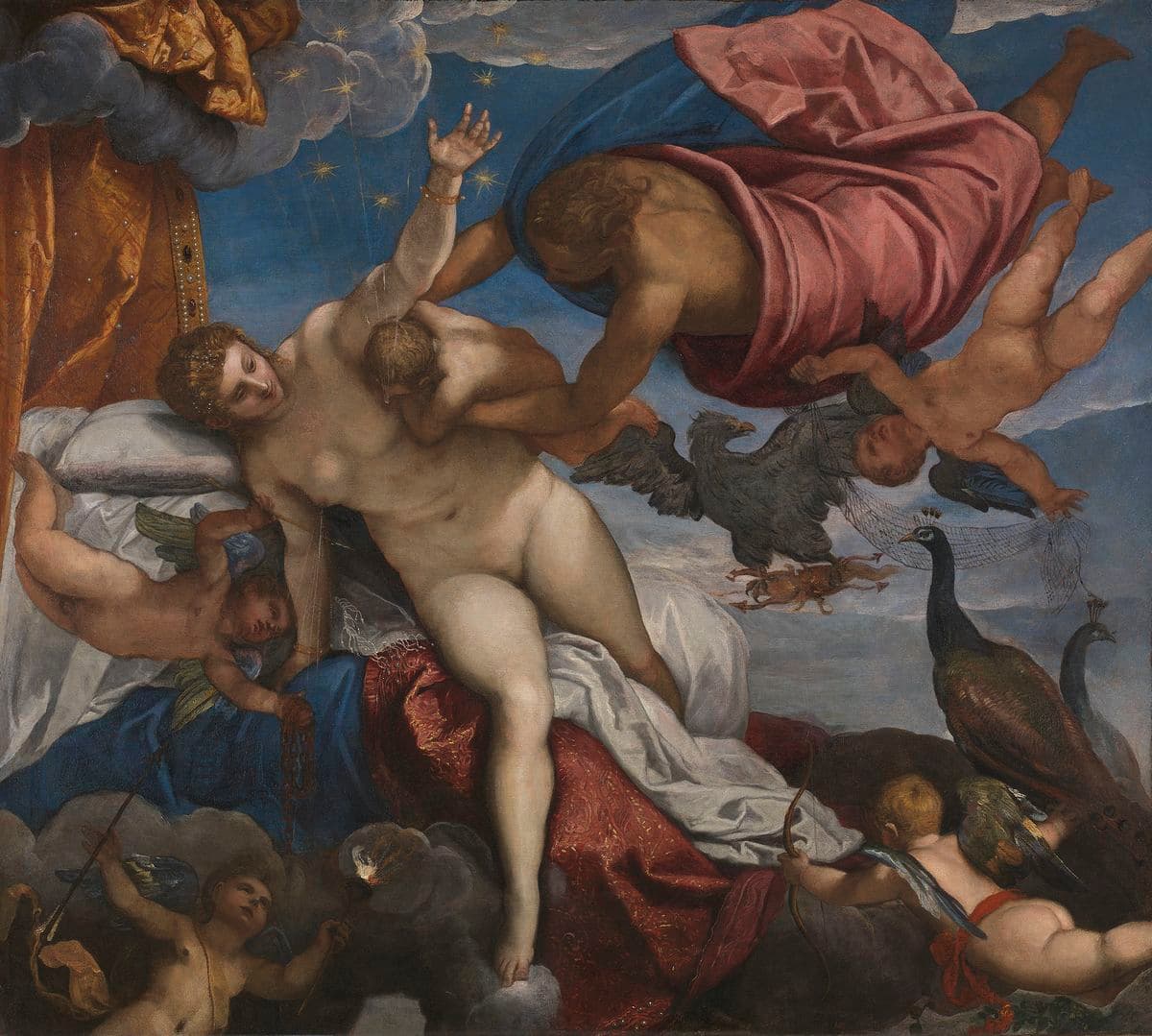 A painting showing a late renaissance scene of the Roman god Jupiter holding his infant son Hercules to his wife Juno's breast.