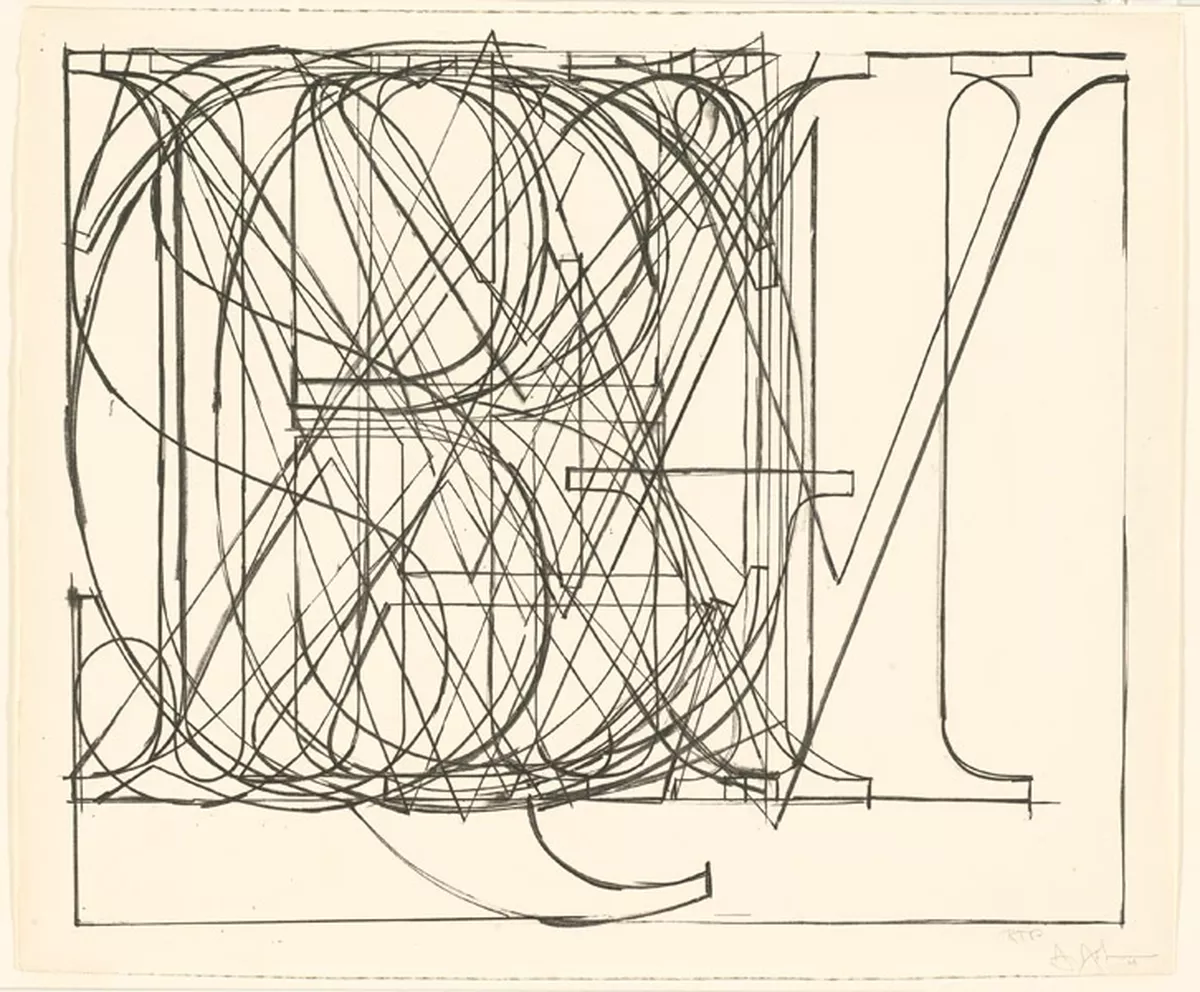 Black print of over lapped letters on cream paper