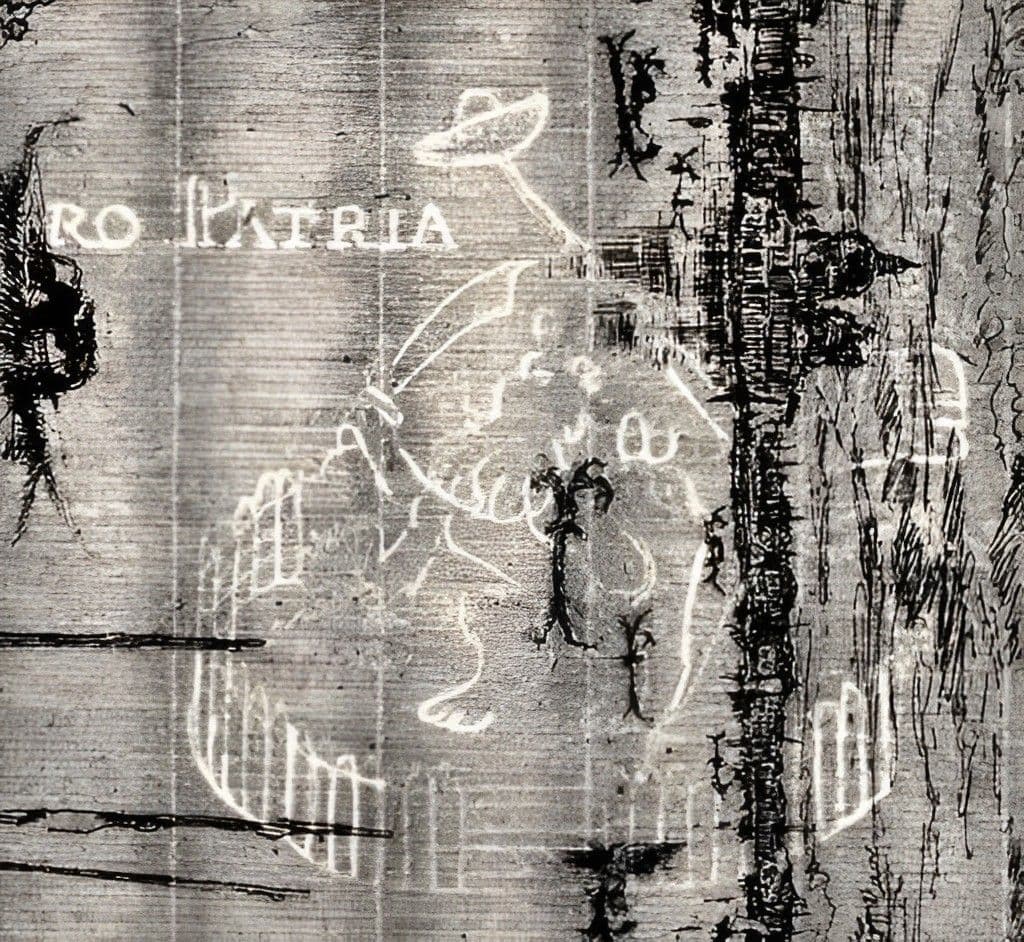 Watermark of man riding lion in a circular fence with the words Pro Patria above