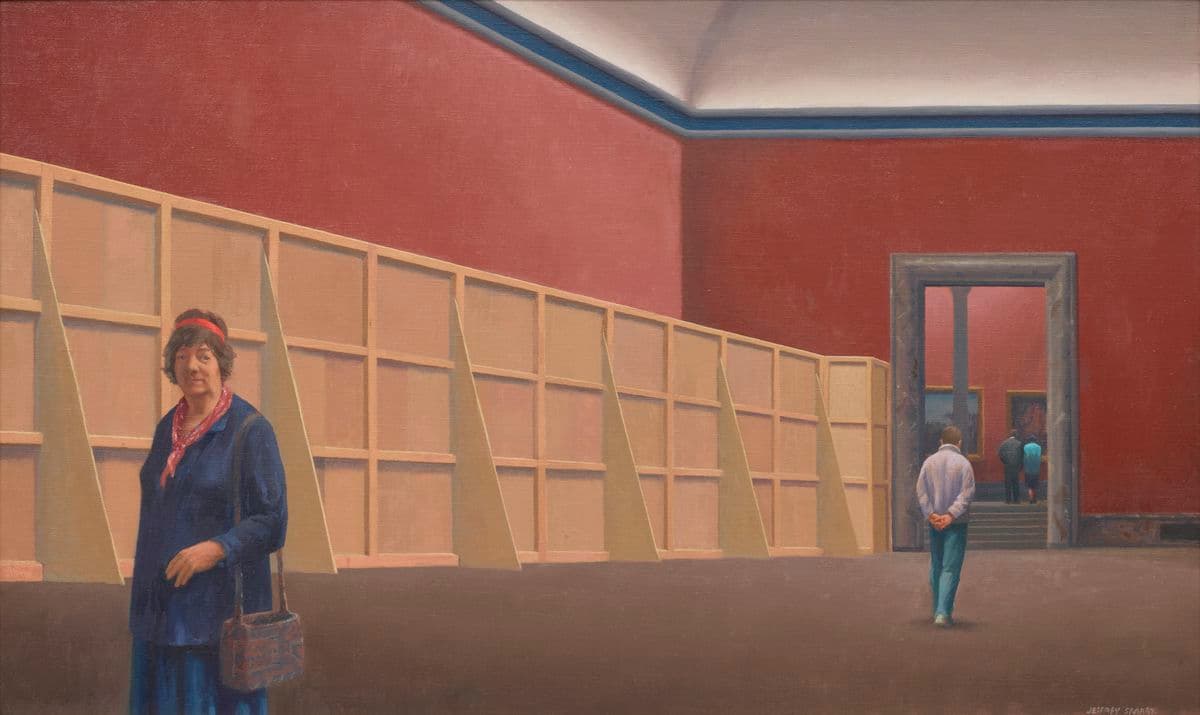 Painting of an older woman wearing a blue long sleeve top and skirt, wearing a red scarf around her neck and hair, carrying a printed blue and orange handbag, standing in an empty room. In the background, a man with his hands behind his back walking away from her towards an entrance where beyond that another couple can be seen looking at art on a wall