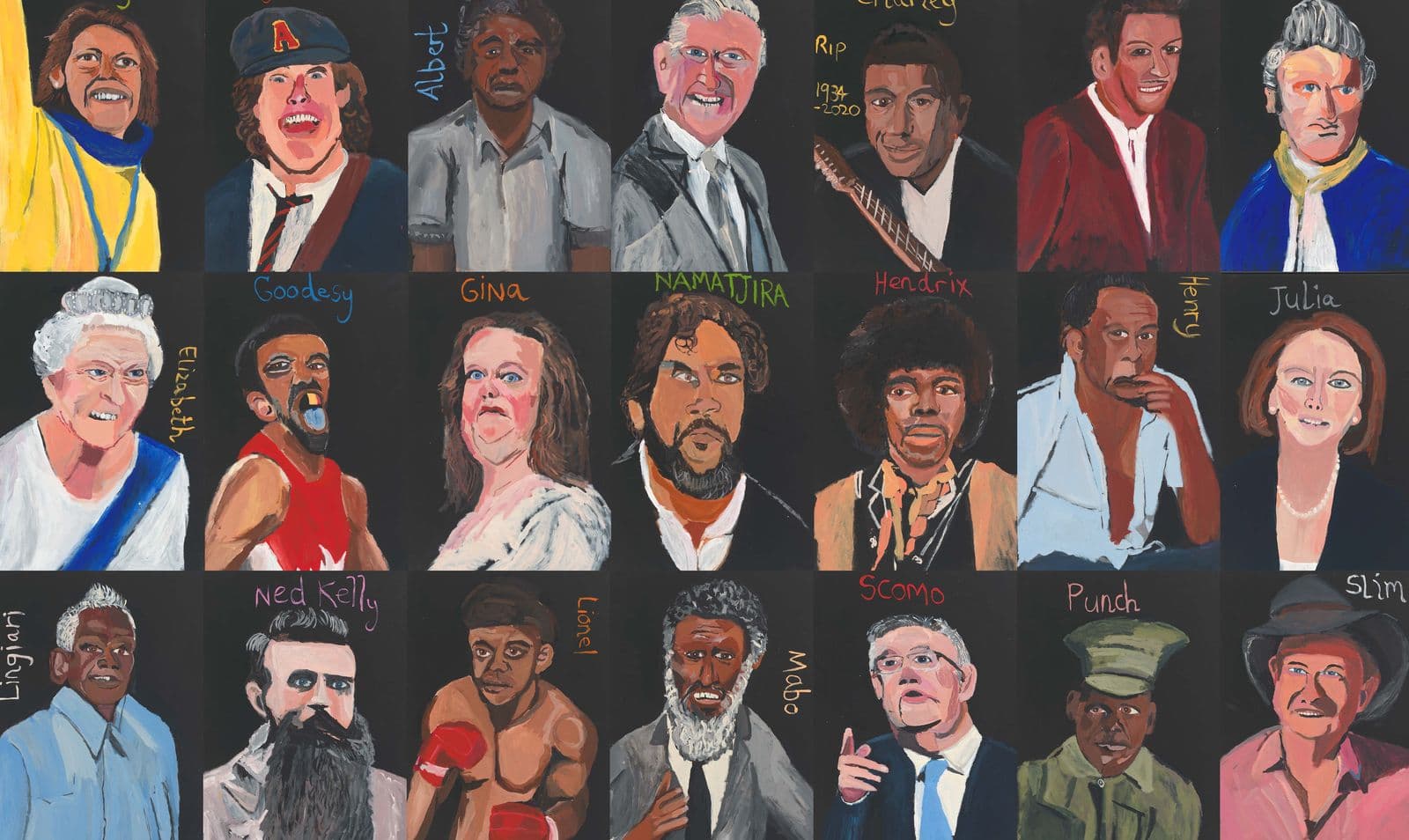 Painting of multiple portraits of influential Australians, British, and American figures such as Adam Goodes, Queen Elizabeth, Ned Kelly, Eddie Mabo and Jimmy Hendrix