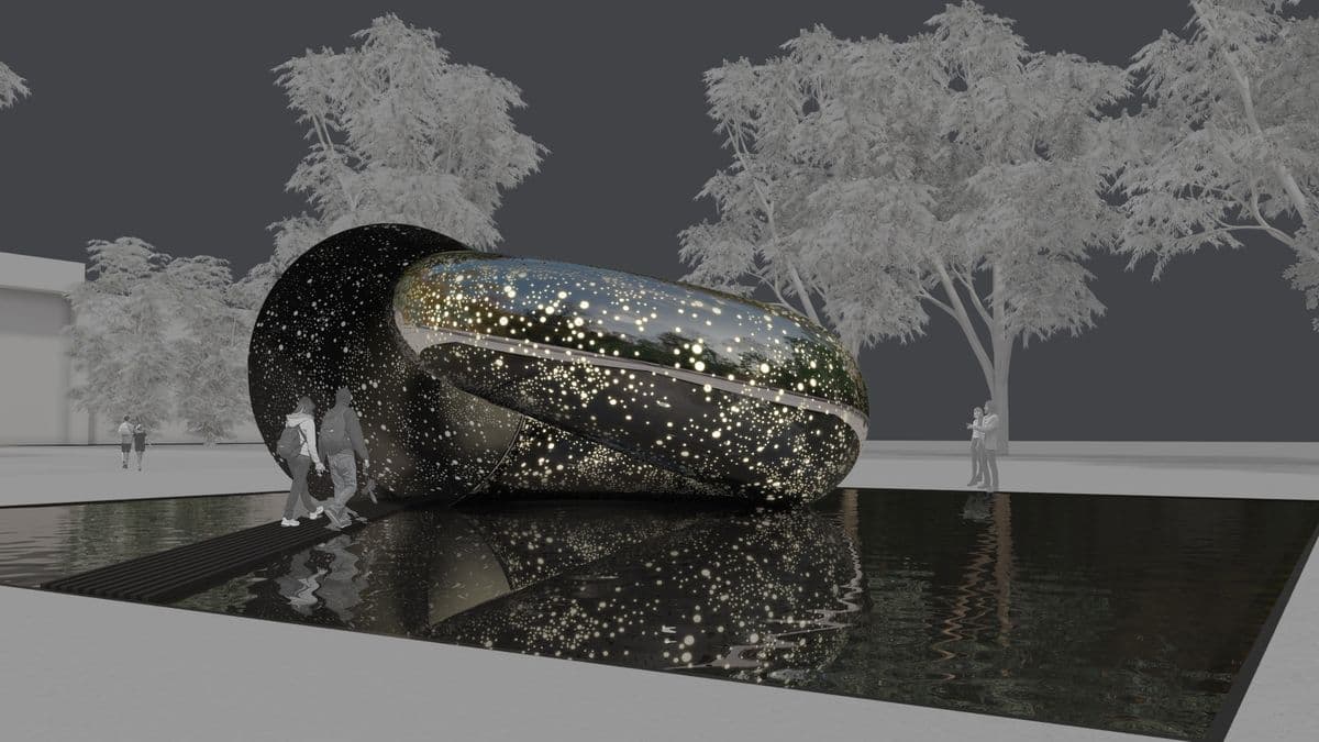 A digital rendering if a large outdoor sculpture at night time. Light from inside the sculpture are glowing like stars