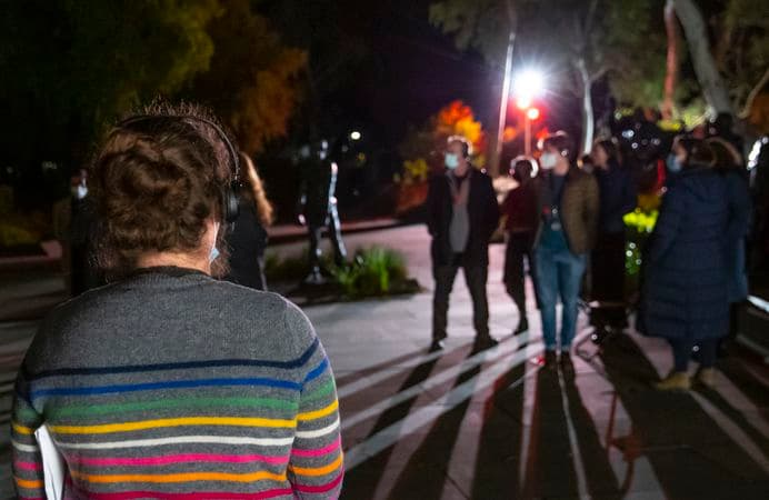 people outside in a garden at night
