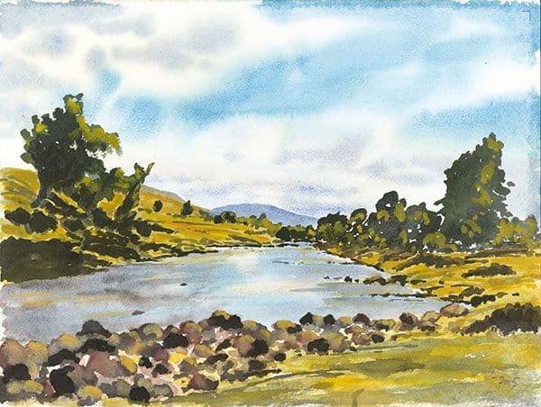 landscape scene of a river with green banks, green trees and blue sky