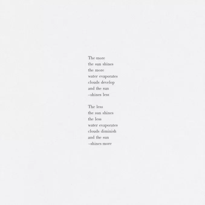 white square sheet of paper with black typed ink reading "The more the sun shines the more water evaporates clouds develop and the sun -shines less The less the sun shines the less water evaporates clouds diminish and the sun -shines more"
