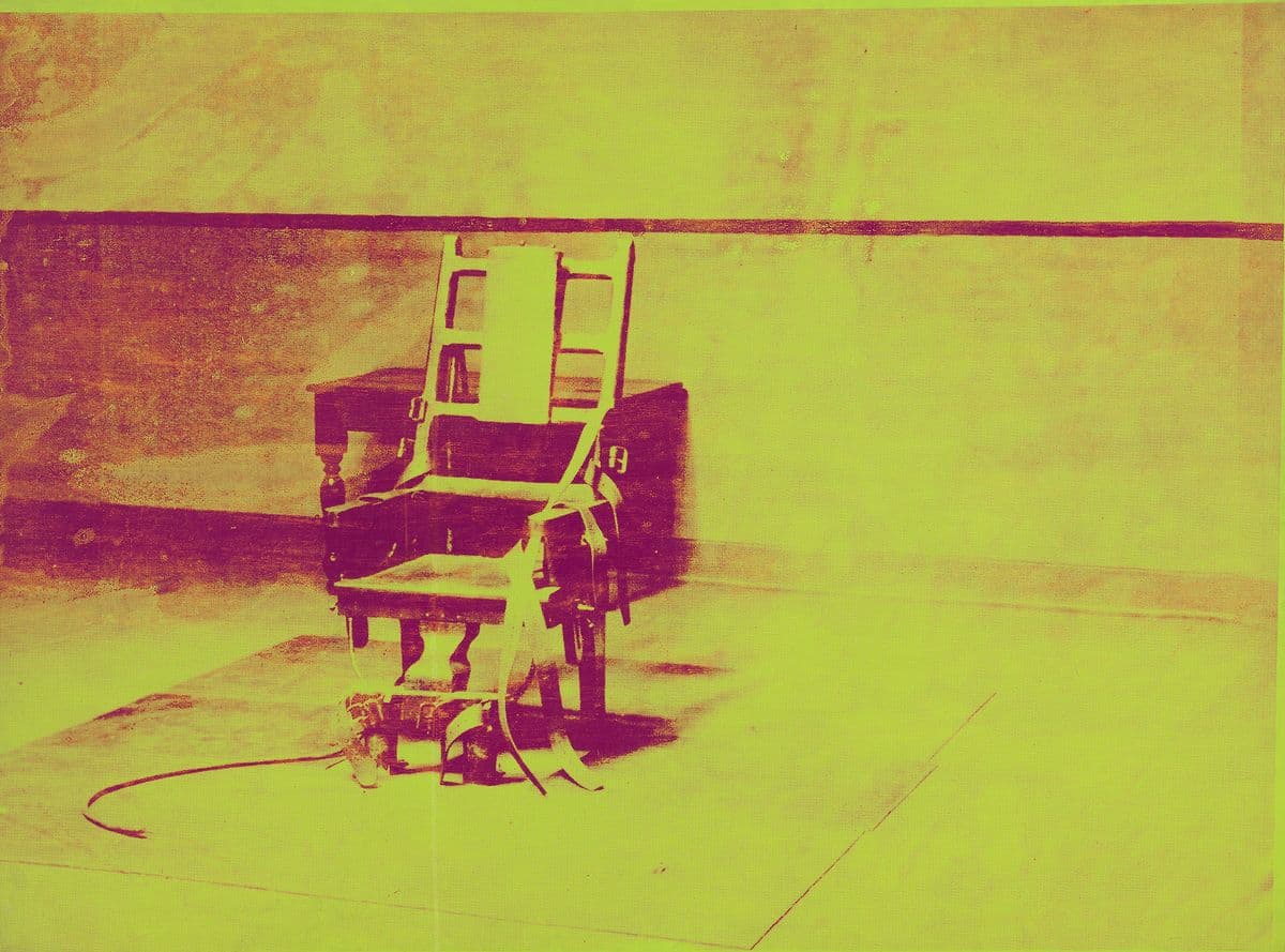 Large scale screen print of a garish fluro yellow and red vintage electric chair