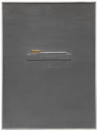 A lead relief - black background with a toothbrush imprint and four gold teeth as the bristles