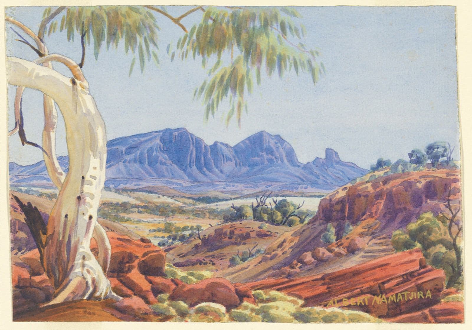 Watercolour landscape featuring a white gum in the foreground and mountain range in background