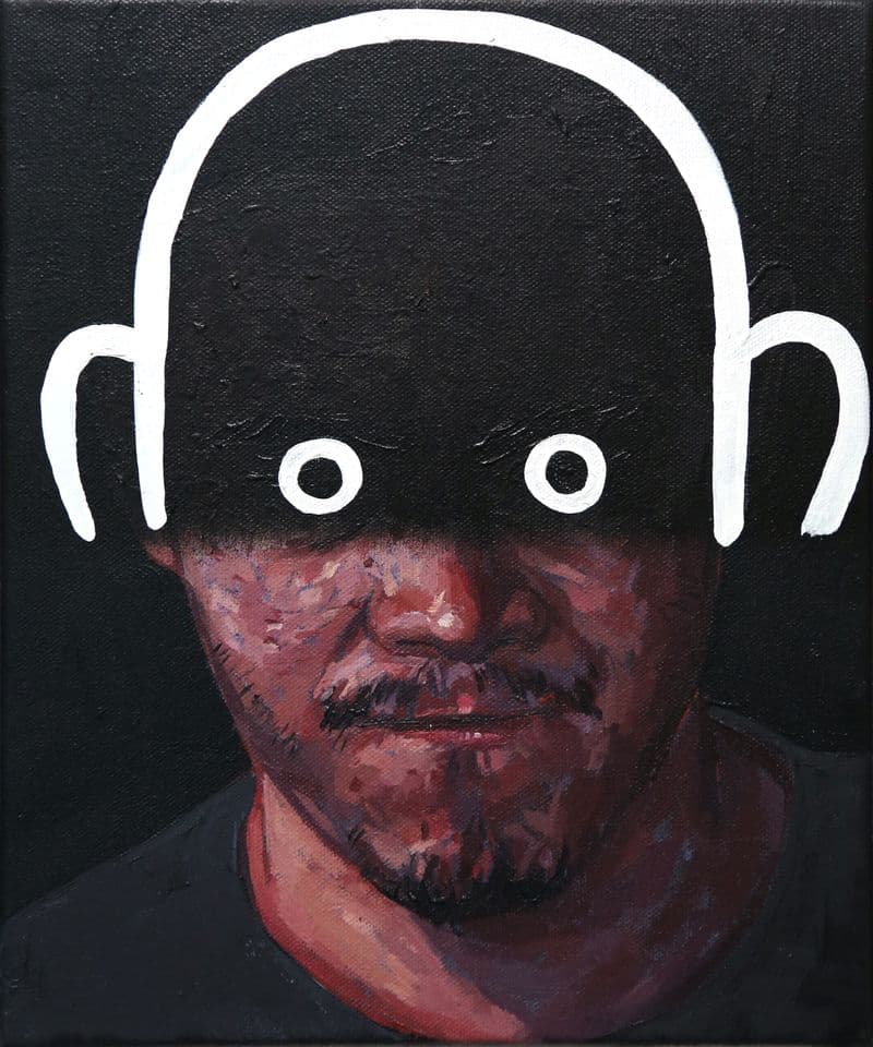 A portrait with a realistic oil painting on the bottom and a cartoon stick figure face on top